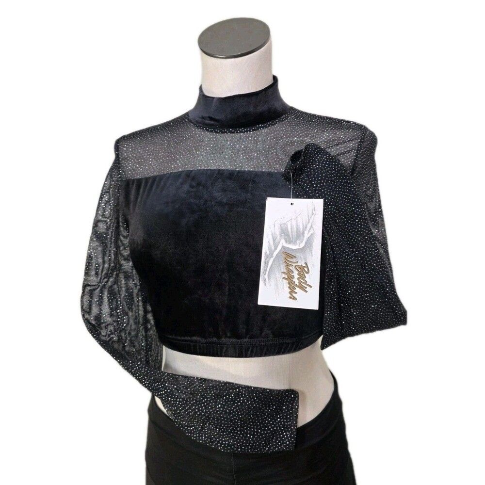 Body Wrappers VTG 90s Mesh Velvet Mock Neck Dance Midriff Glitter Top Adult L - Picture 3 of 16